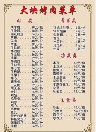 烤肉价目表图片