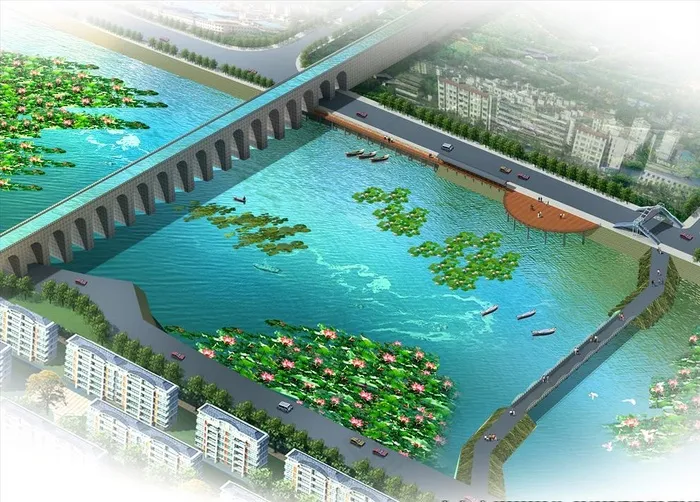 水 效果图 桥 鸟瞰 分层图片(4800X3480(DPI:300))psd模版下载