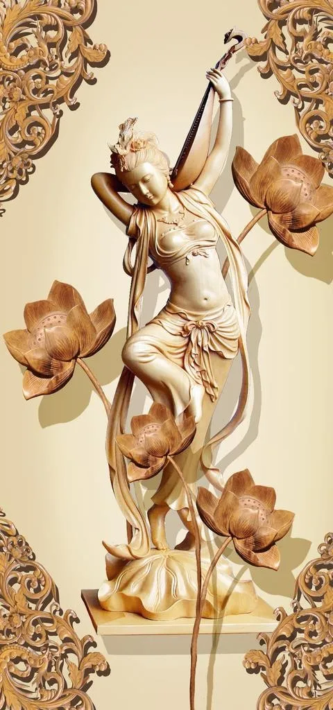 立体木雕 荷花美人图片(3402X6803(DPI:72))psd模版下载