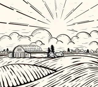 手绘阳光下的农场风景图片