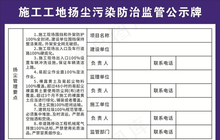施工工地扬尘污染防治监管公示牌图片cdr矢量模版下载