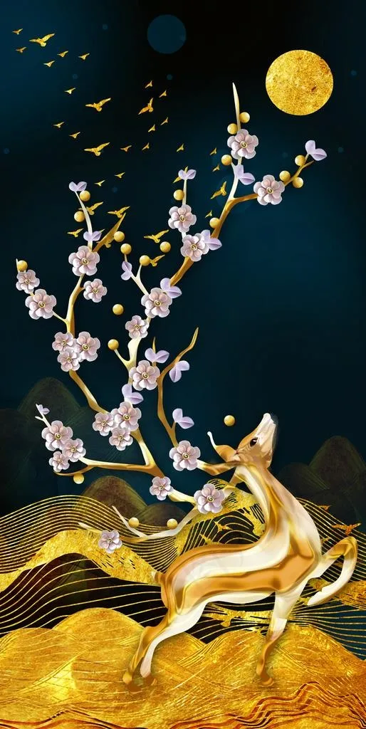 金色抽象麋鹿晶瓷装饰画图片(3780X7087(DPI:100))psd模版下载