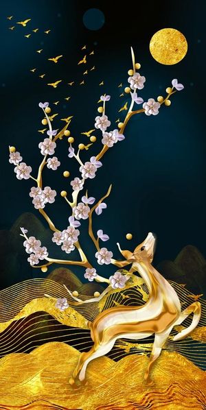 金色抽象麋鹿晶瓷装饰画图片