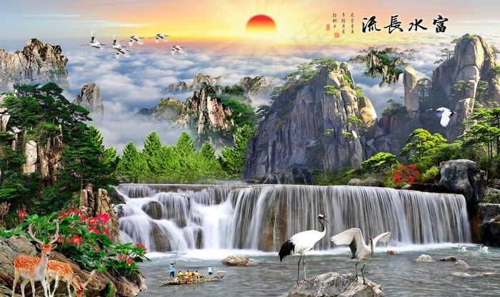 3D电视背景墙流水生财迎客松图片(9071X5669(DPI:72))psd模版下载