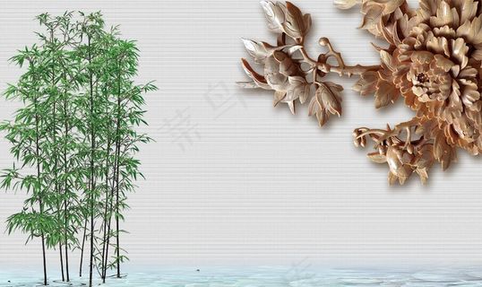3D牡丹竹子素材图片