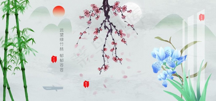 梅兰竹菊四君子元素传统工笔花鸟图片(14173X7087(DPI:150))psd模版下载
