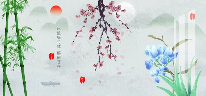 梅兰竹菊四君子元素传统工笔花鸟图片