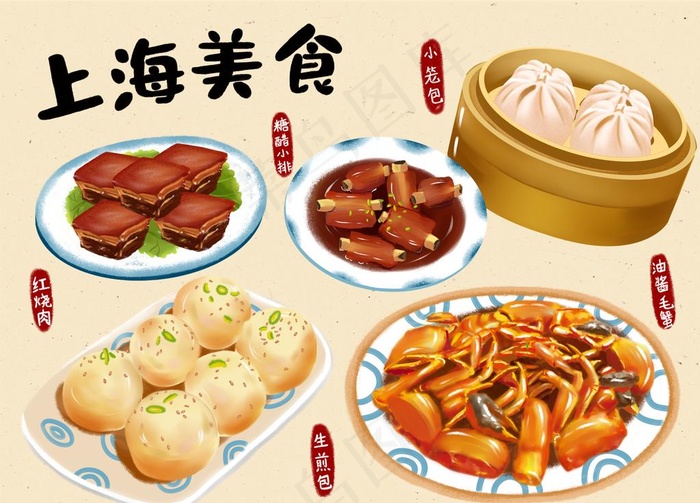 上海美食手绘海报图片(4000X3000(DPI:300))psd模版下载