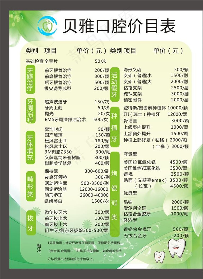 口腔价目表图片cdr矢量模版下载