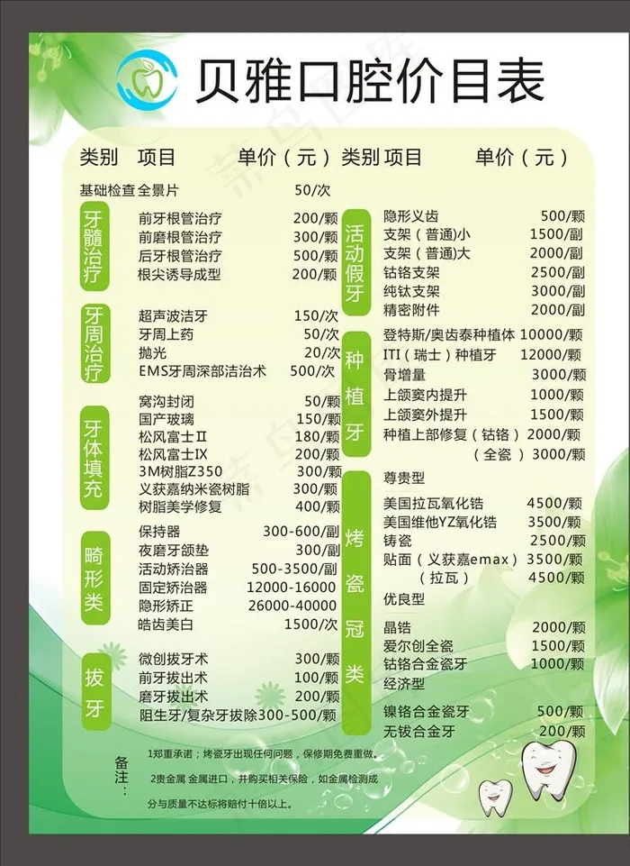口腔价目表图片cdr矢量模版下载