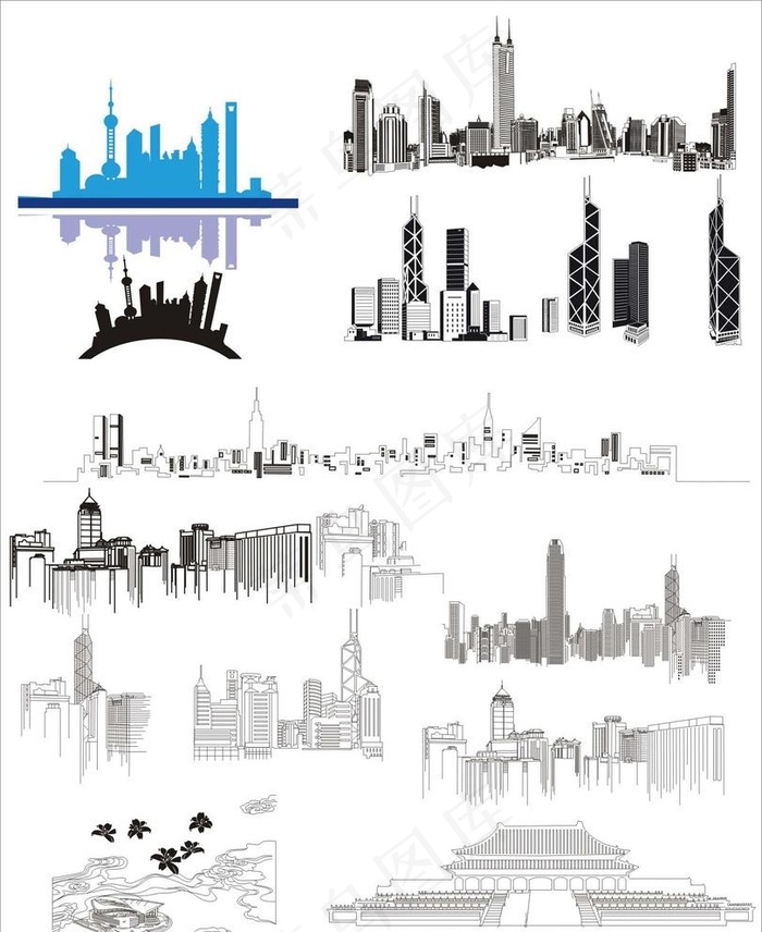 城市线条图图片cdr矢量模版下载