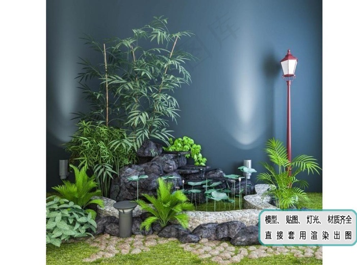 植物墙 中式花园 水池景观组合图片