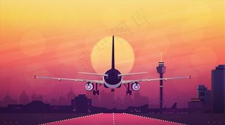 矢量机场夕阳飞机降落图片