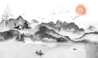 新中式水墨山水风景电视背景墙图片