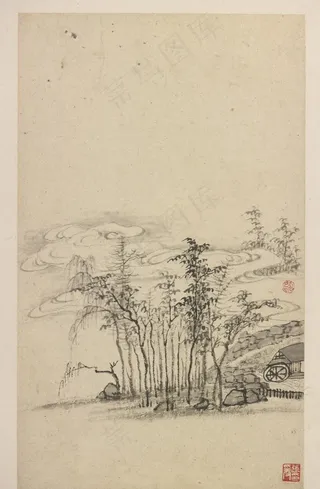 丰溪山水册 弘仁 树林和磨坊图片