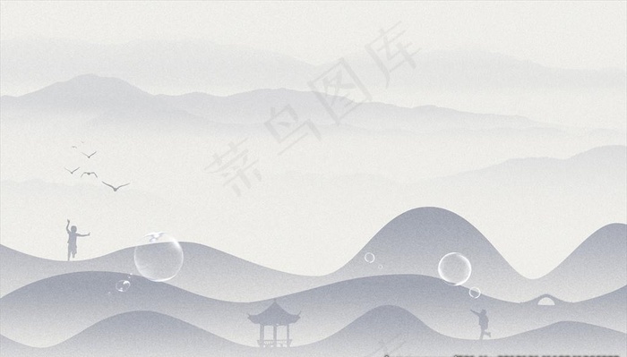 中式 孩子 背景 亭子 山禅图片