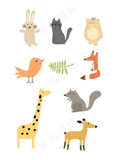 小动物大全手绘卡通扁平化插画图片
