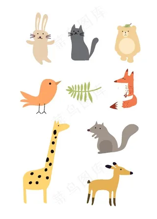 小动物大全手绘卡通扁平化插画图片
