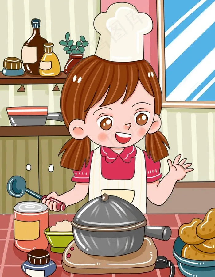 做饭的女孩插画图片