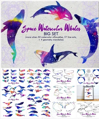 手绘北欧水彩鲸鱼装饰画图片