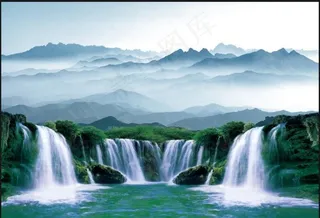 山水画瀑布图片