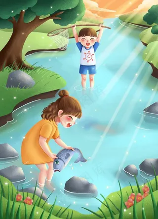 夏日童趣捉鱼图片