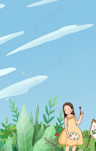 卡通草地天空画画背景图片