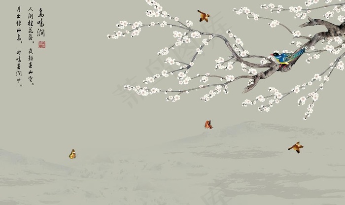 新中式鸟鸣涧花鸟背景墙图片(9071X5669(DPI:72))psd模版下载