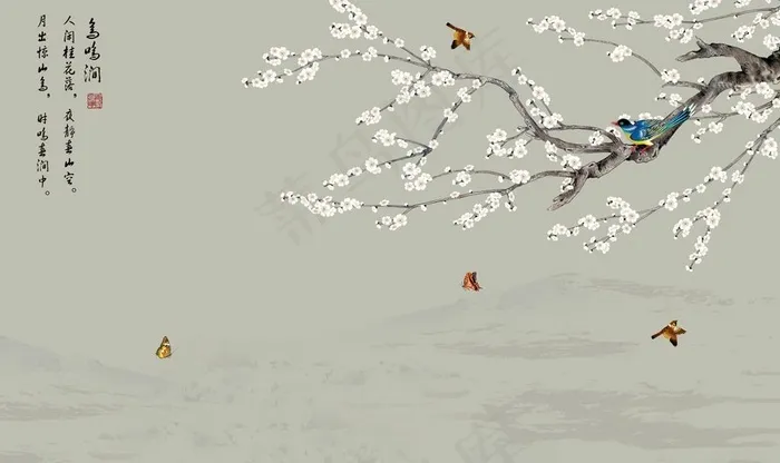 新中式鸟鸣涧花鸟背景墙图片(9071X5669(DPI:72))psd模版下载
