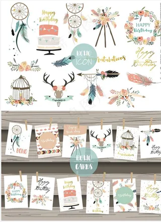 北欧清新羽毛鹿头鸟笼花环水彩画图片