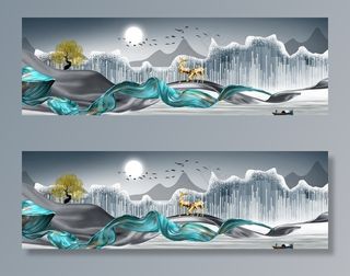 新中式灰度绸飘带意境山水装饰画图片