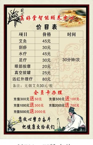 养生中心价目表60X90KT板图片