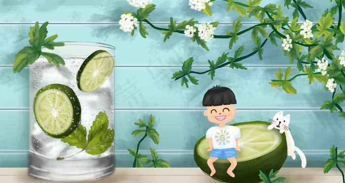 小孩子柠檬图手绘插画图片