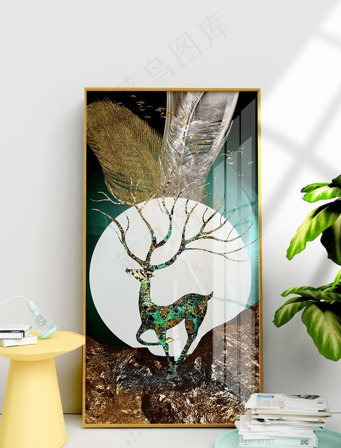手绘原创麋鹿羽毛装饰画图片