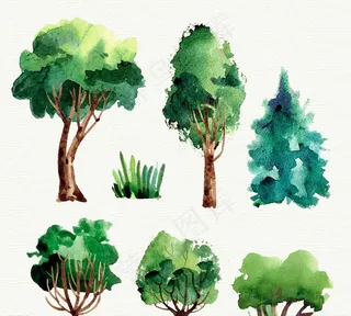 水彩绘绿色树木矢量素材图片