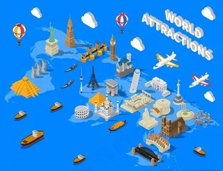 等距世界著名地标建筑海报插画图片