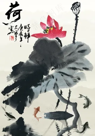 中国风荷花水墨画psd分层素材图片