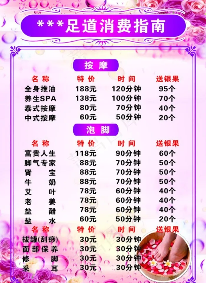 足道价目表图片cdr矢量模版下载