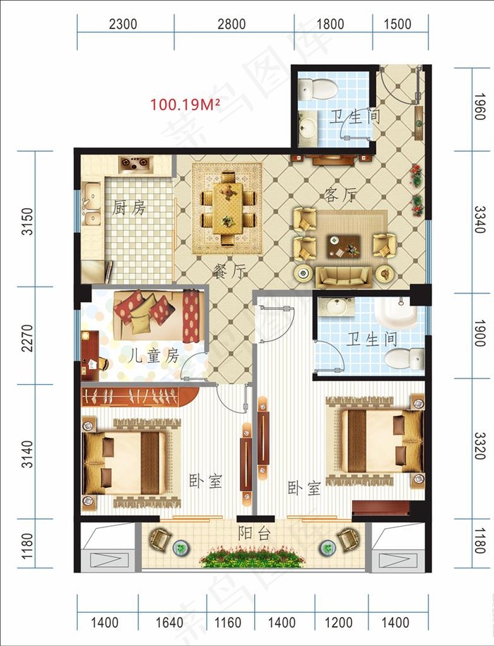 房地产户型图100.19平米图片