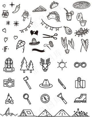 黑白美食植物线条插画图片