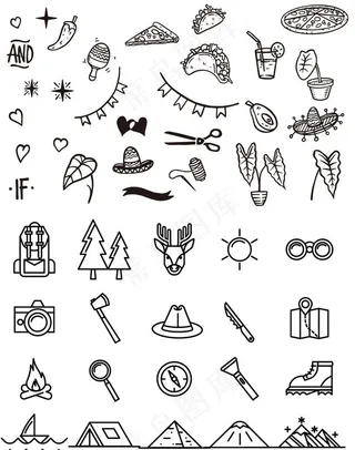 黑白美食植物线条插画图片