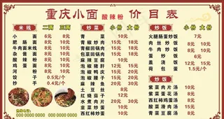 重庆小面价目表图片