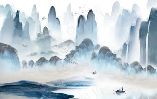 蓝色水墨群峰山水泛舟图画图片