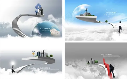 白云城市阶梯商务人士向上走背景图片