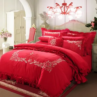 中式绣花婚庆床品件套图片