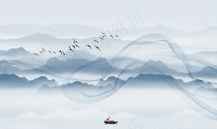 意境线条山水图片psd模版下载