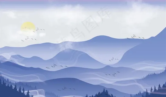 水墨山水 大雁 背景墙图片