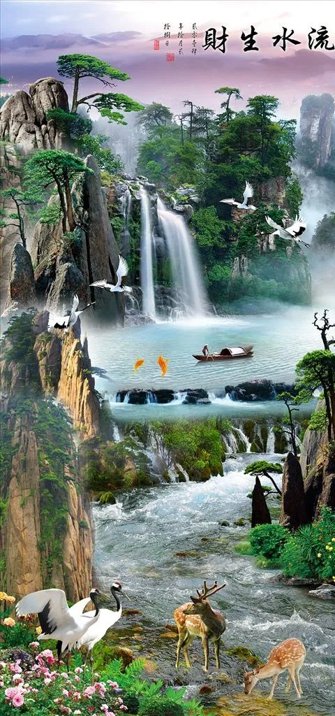 瀑布迎客松风水山水玄关流水生财图片(4724X9449(DPI:100))psd模版下载