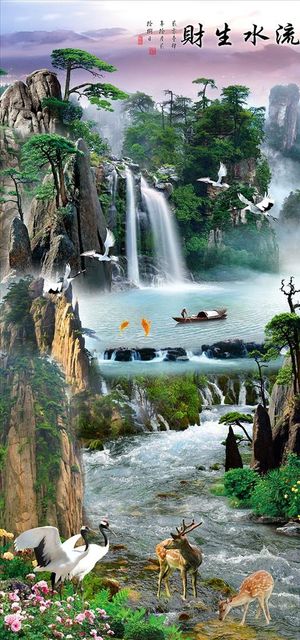 瀑布迎客松风水山水玄关流水生财图片