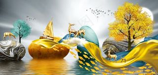 新中式金色飘带丝绸大海装饰画图片